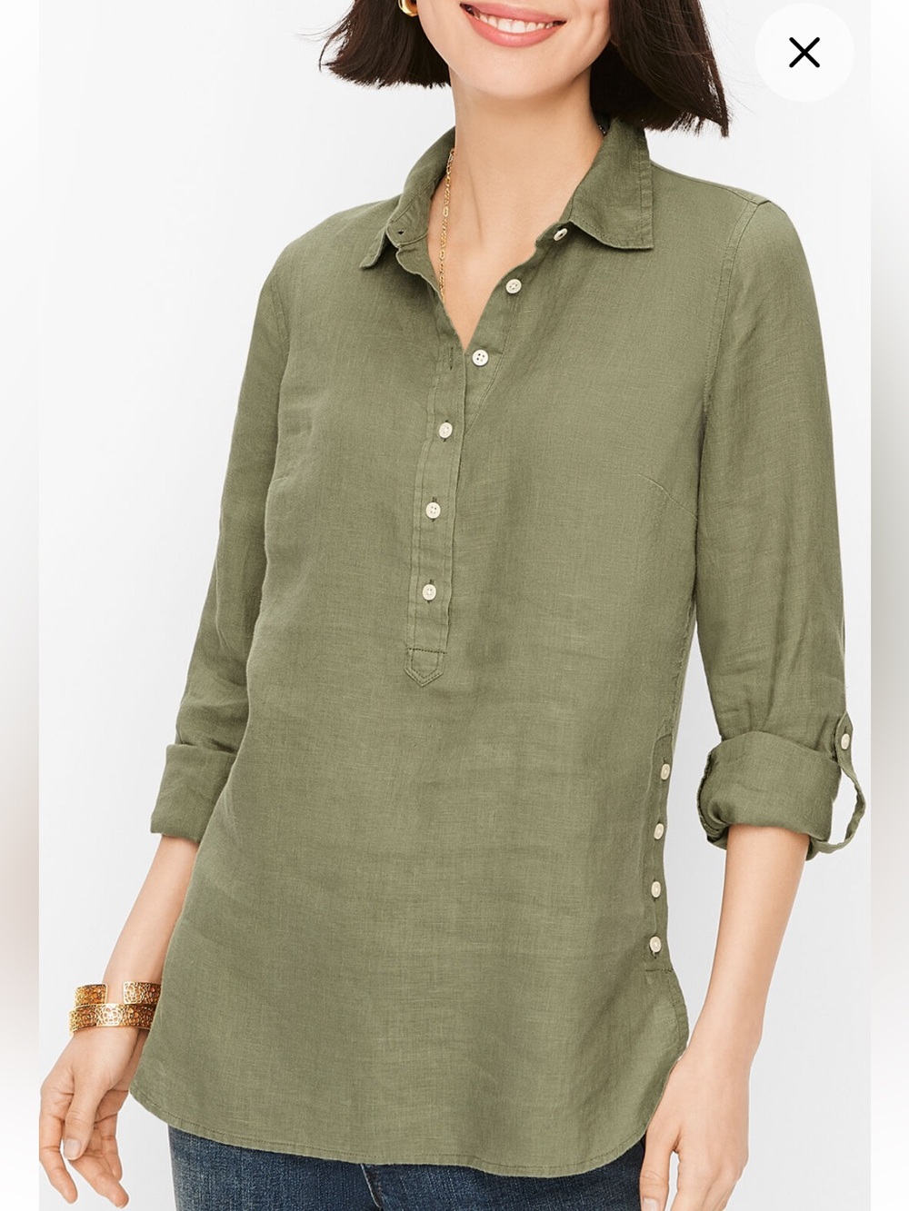 Talbots Olive Green Linen Button-Front Pop Over Tunic Size XS